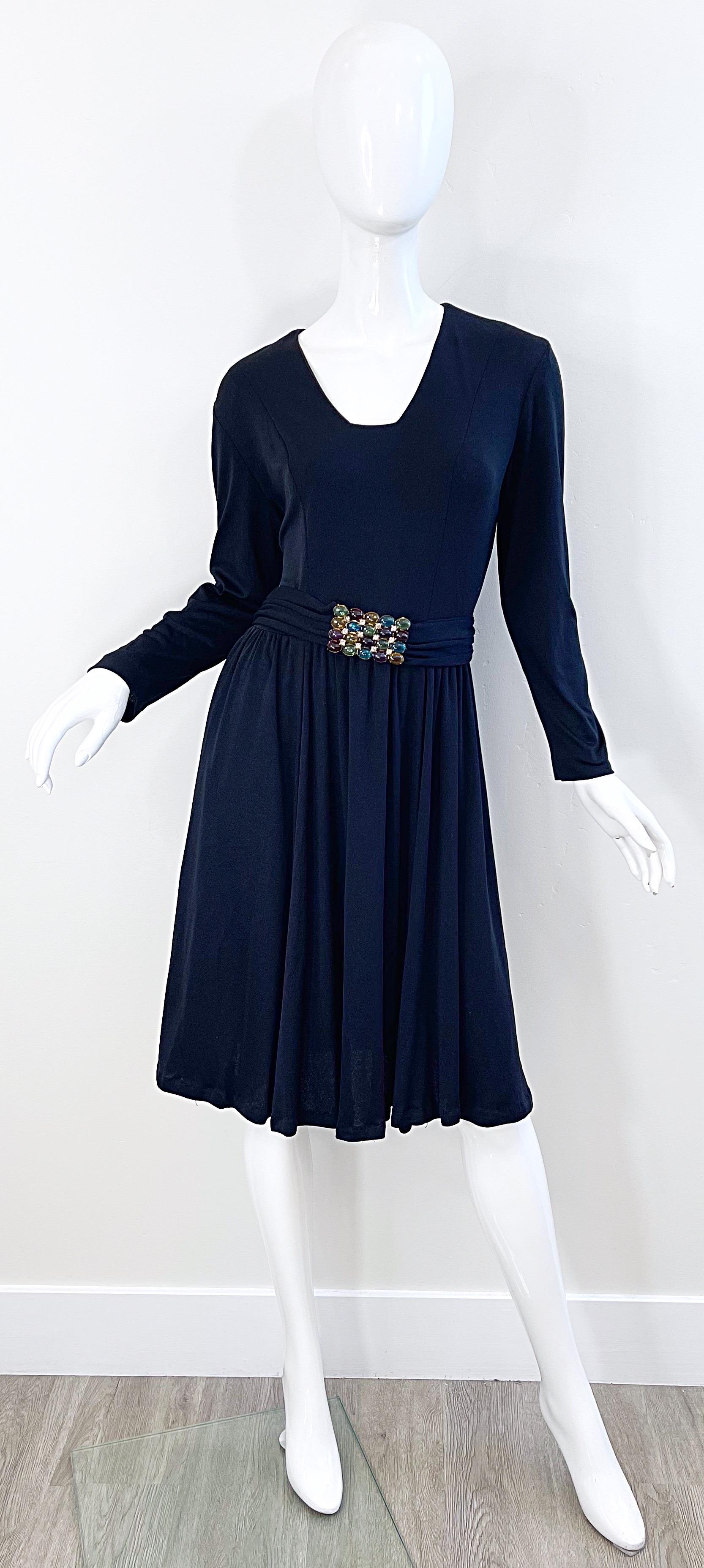 Women's 1970s Black Jersey Jeweled Rhinestone Belt Long Sleeve Vintage 70s Dress LBD  For Sale