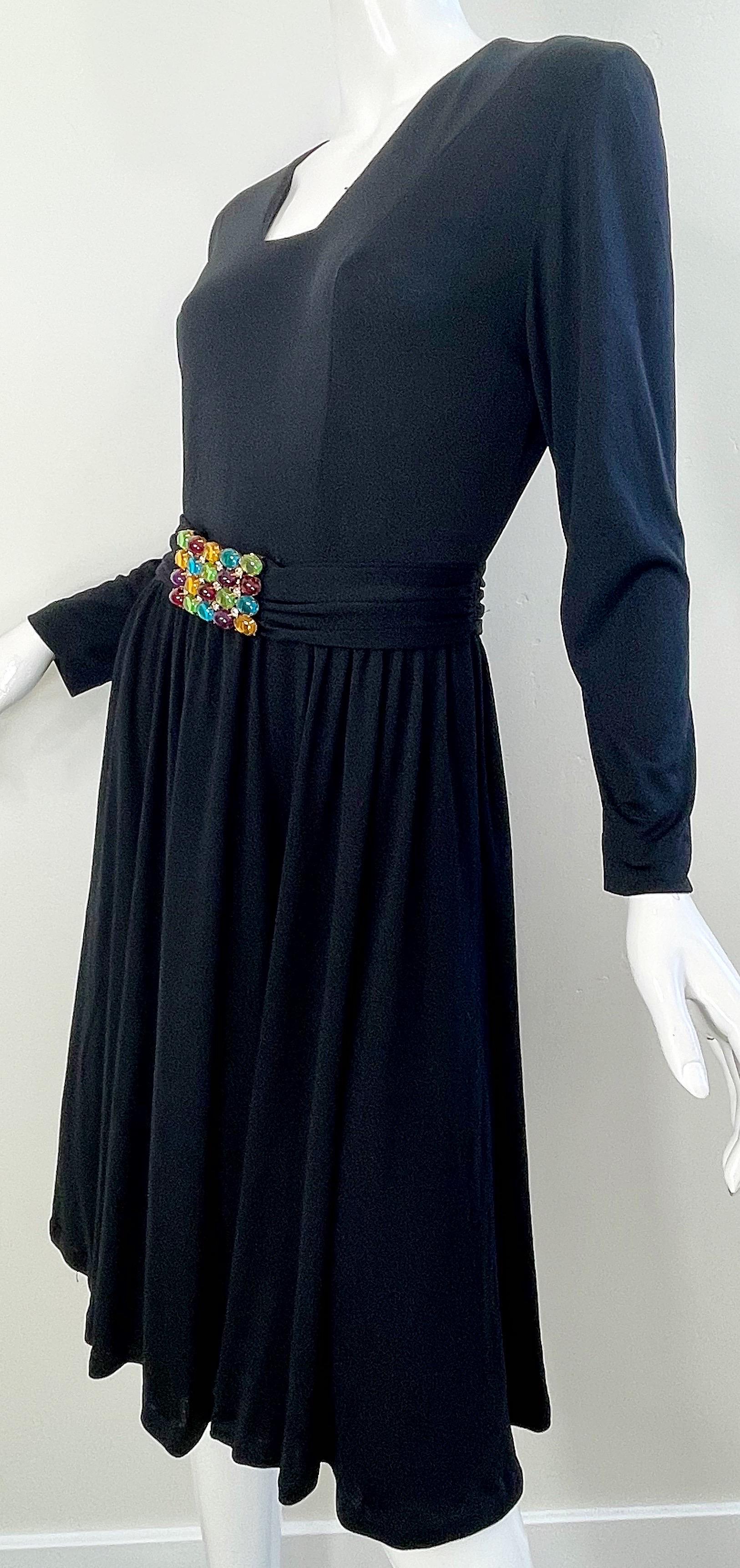 1970s Black Jersey Jeweled Rhinestone Belt Long Sleeve Vintage 70s Dress LBD  For Sale 1