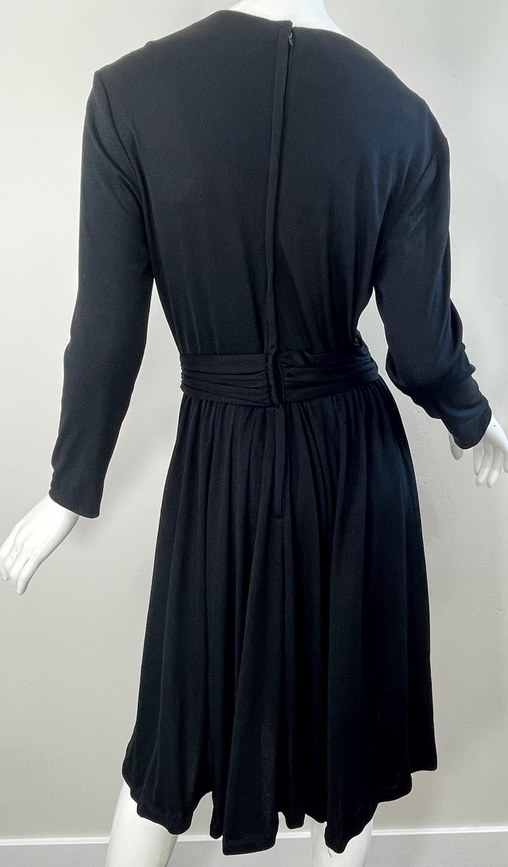 1970s Black Jersey Jeweled Rhinestone Belt Long Sleeve Vintage 70s Dress LBD  For Sale 2