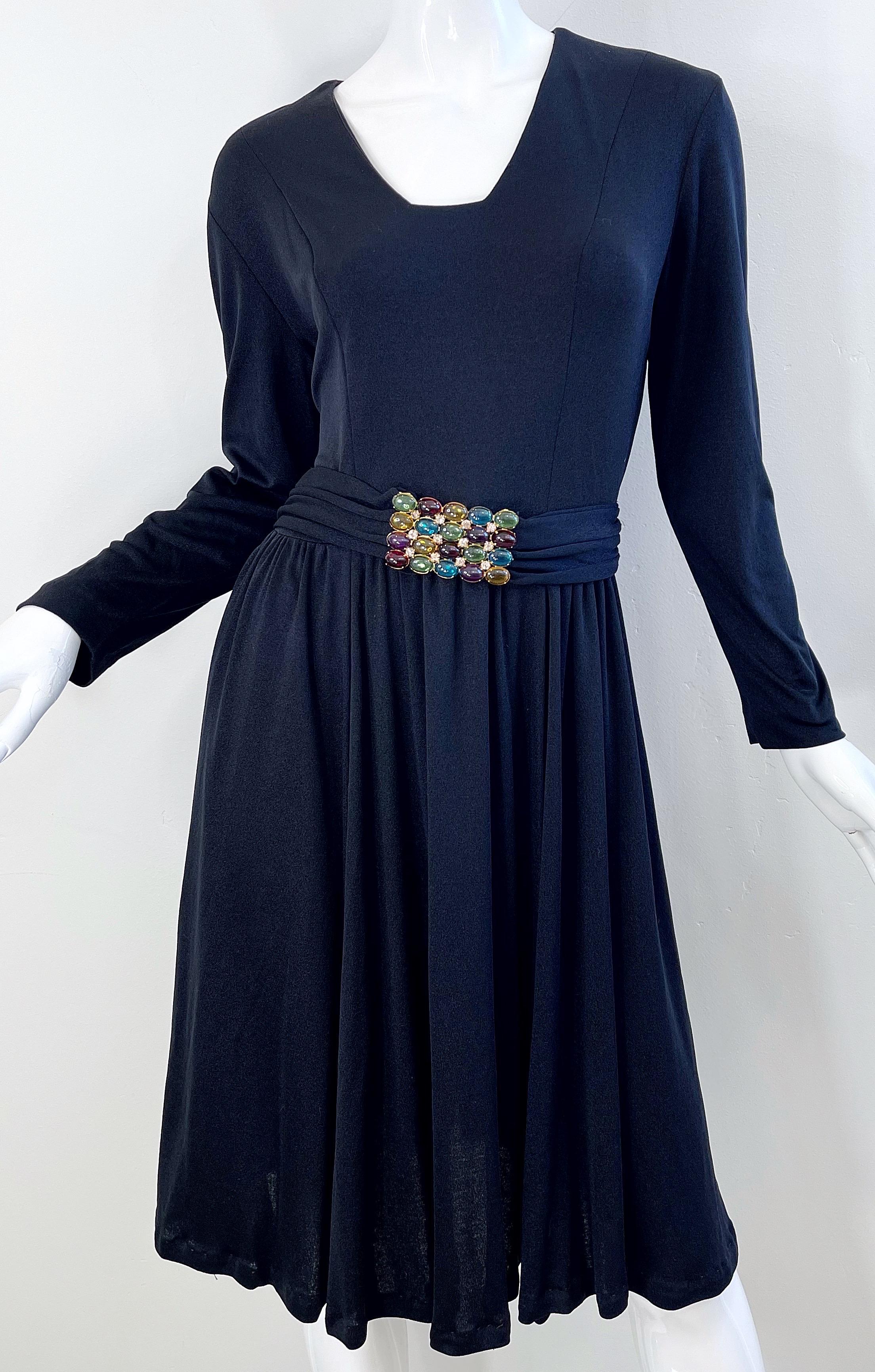 1970s Black Jersey Jeweled Rhinestone Belt Long Sleeve Vintage 70s Dress LBD  For Sale 3
