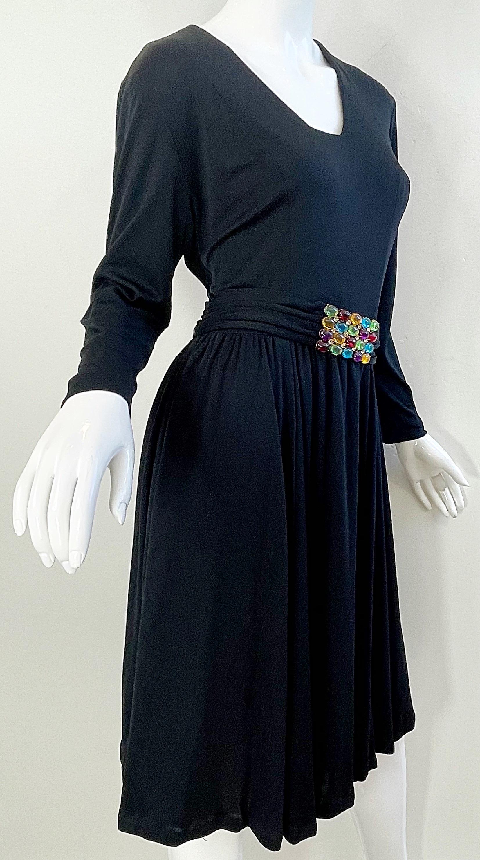 1970s Black Jersey Jeweled Rhinestone Belt Long Sleeve Vintage 70s Dress LBD  For Sale 4