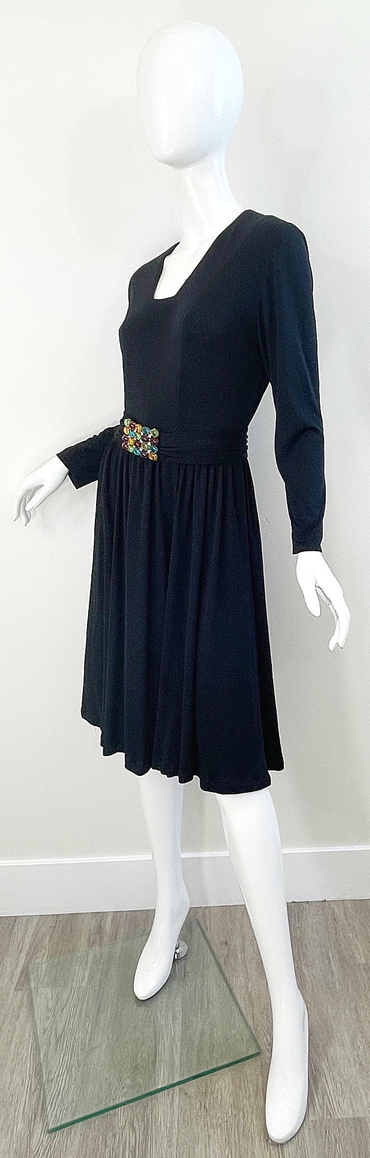 1970s Black Jersey Jeweled Rhinestone Belt Long Sleeve Vintage 70s Dress LBD  For Sale 5