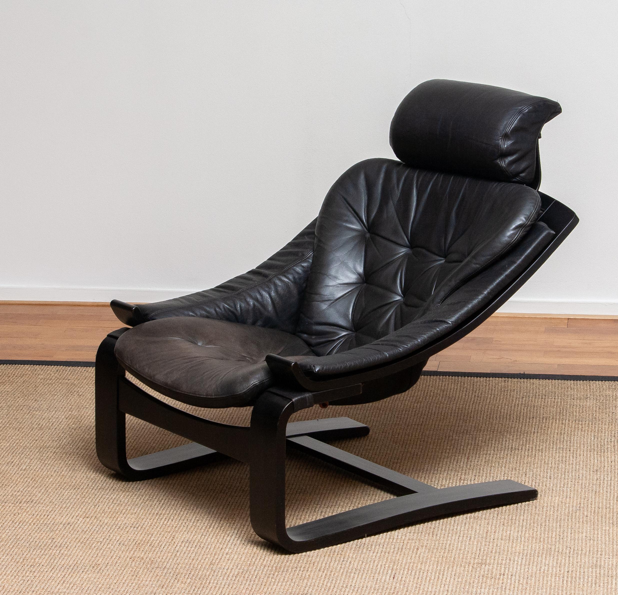 Scandinavian Modern 1970s, Black Kroken Lounge Chair by Age Fribytter for Nelo Sweden in Leather