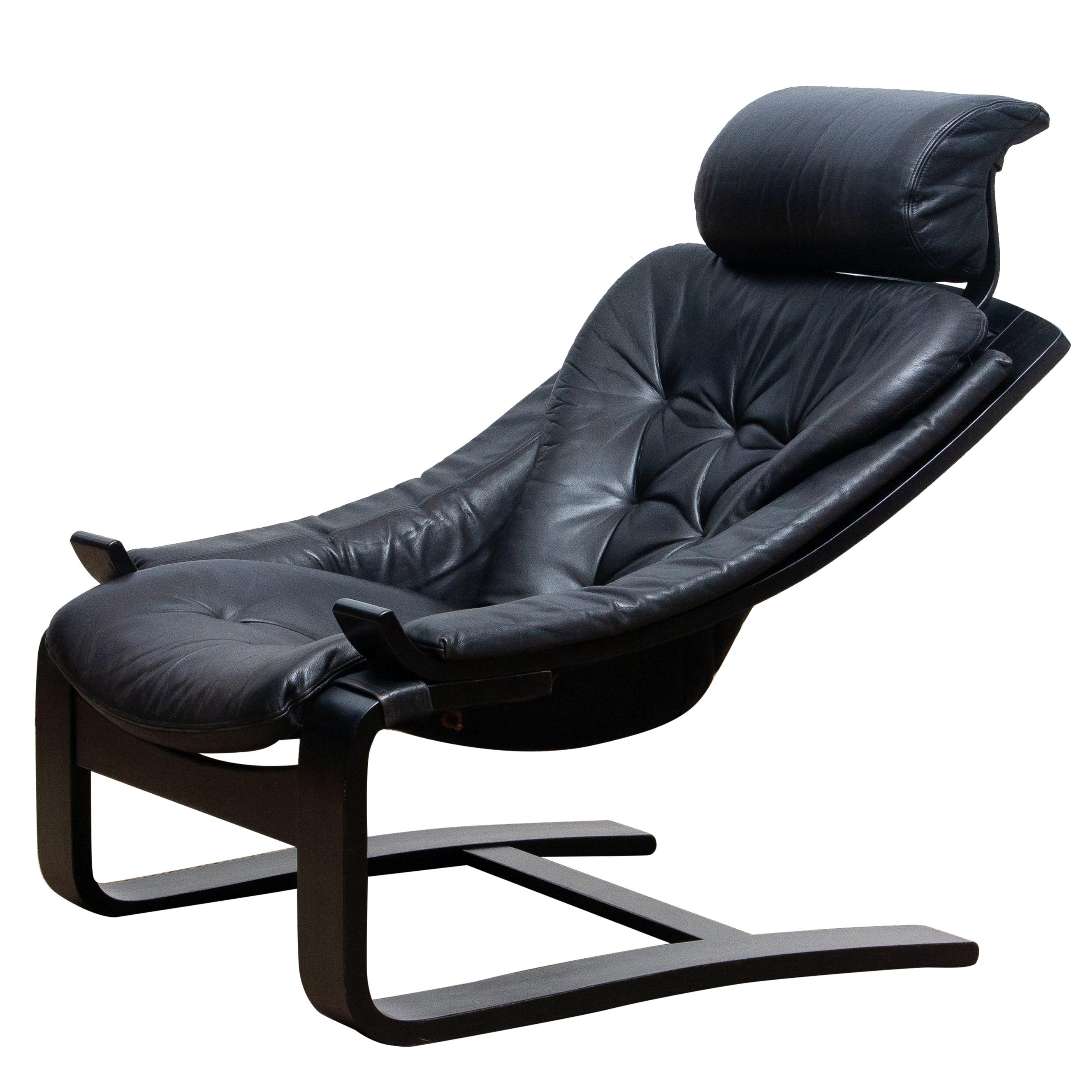 1970s, Black 'Kroken' Lounge Chair By Ake Fribytter for Nelo Sweden In Leather.