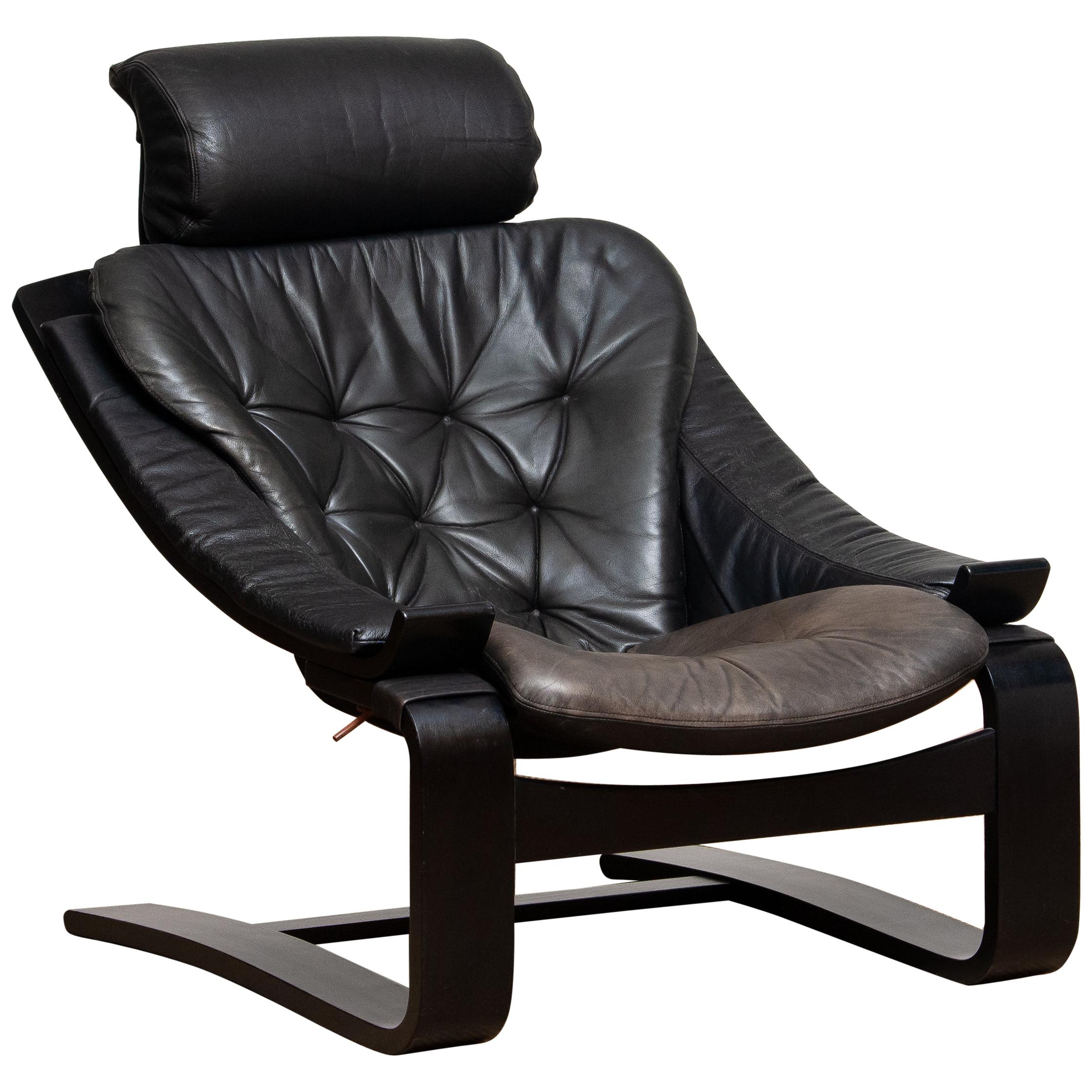 1970s, Black Kroken Lounge Chair by Age Fribytter for Nelo Sweden in Leather