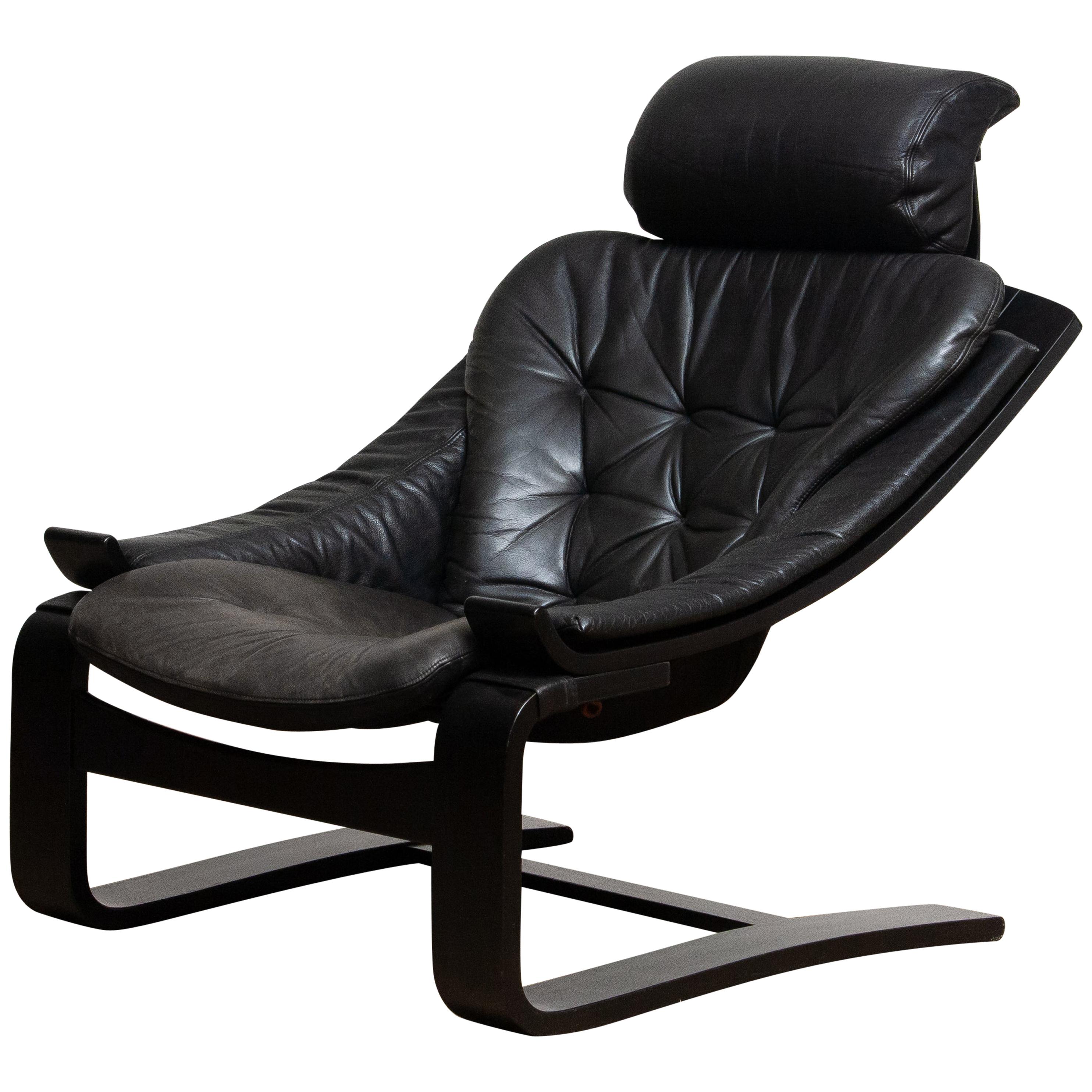 1970s, Black Kroken Lounge Chair by Ake Fribytter for Nelo Sweden in Leather