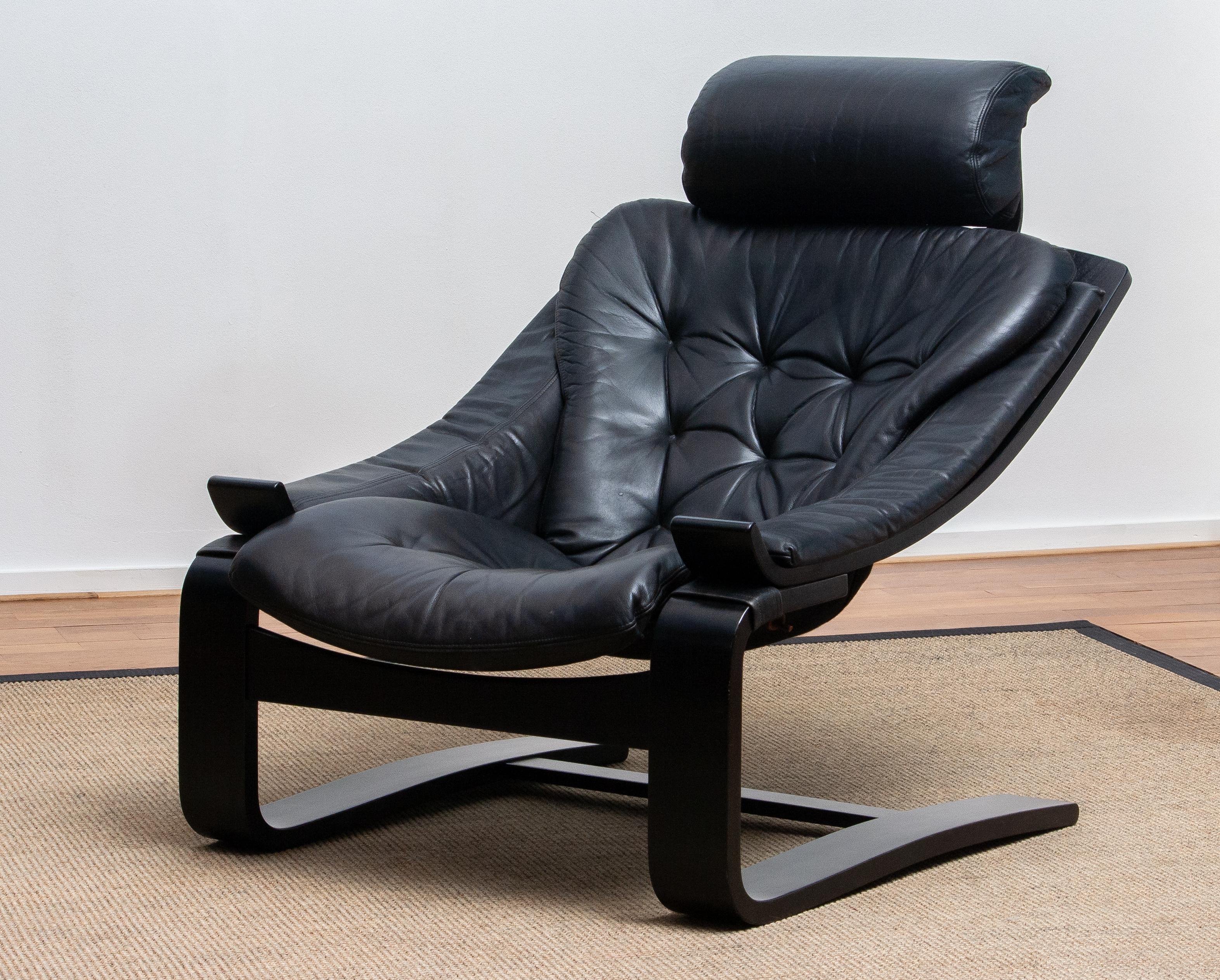 Scandinavian Modern 1970s, Black 'Kroken' Lounge Chair by Ake Fribytter for Nelo Sweden in Leather
