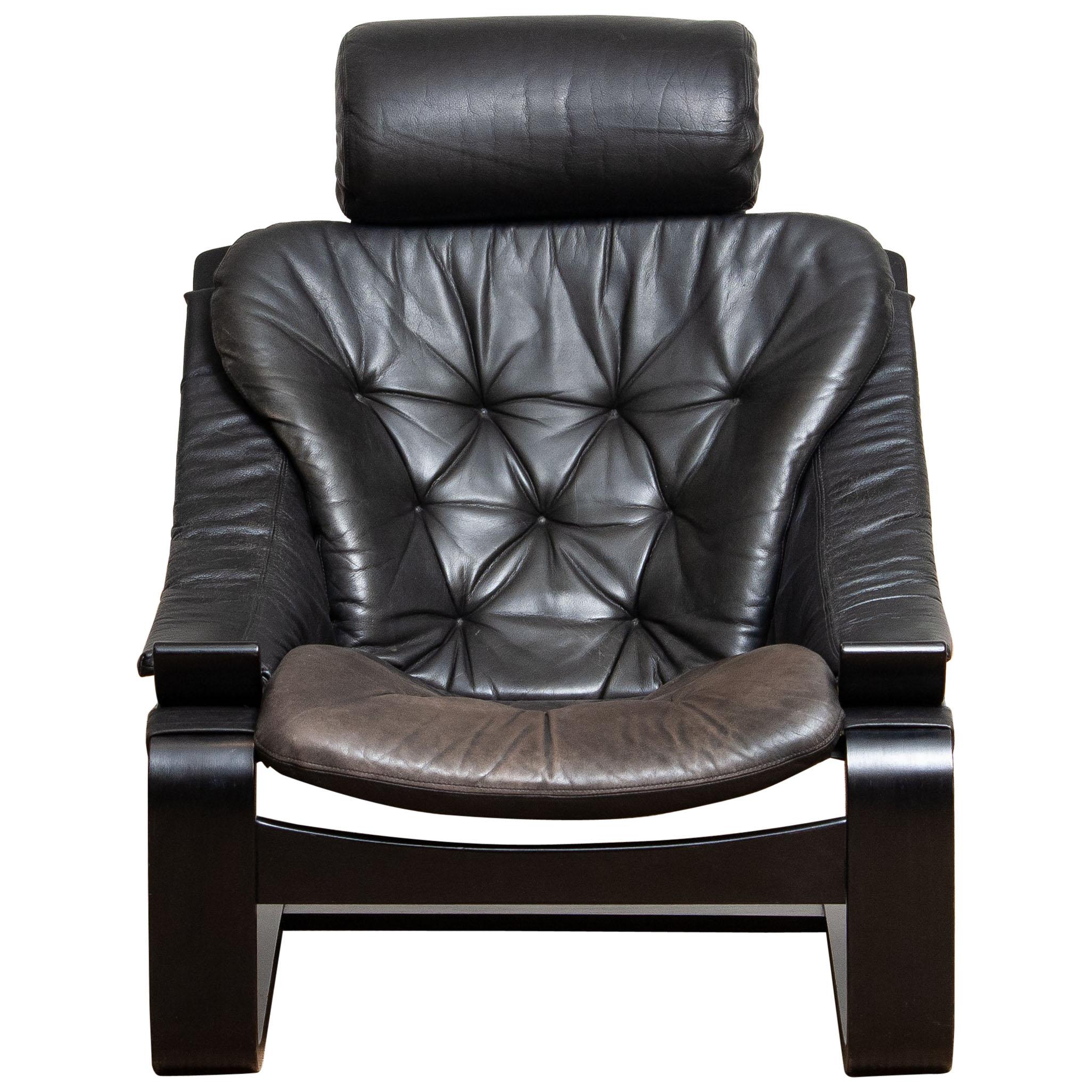 1970s, Black Kroken Lounge Chair by Ake Fribytter for Nelo Sweden in Leather