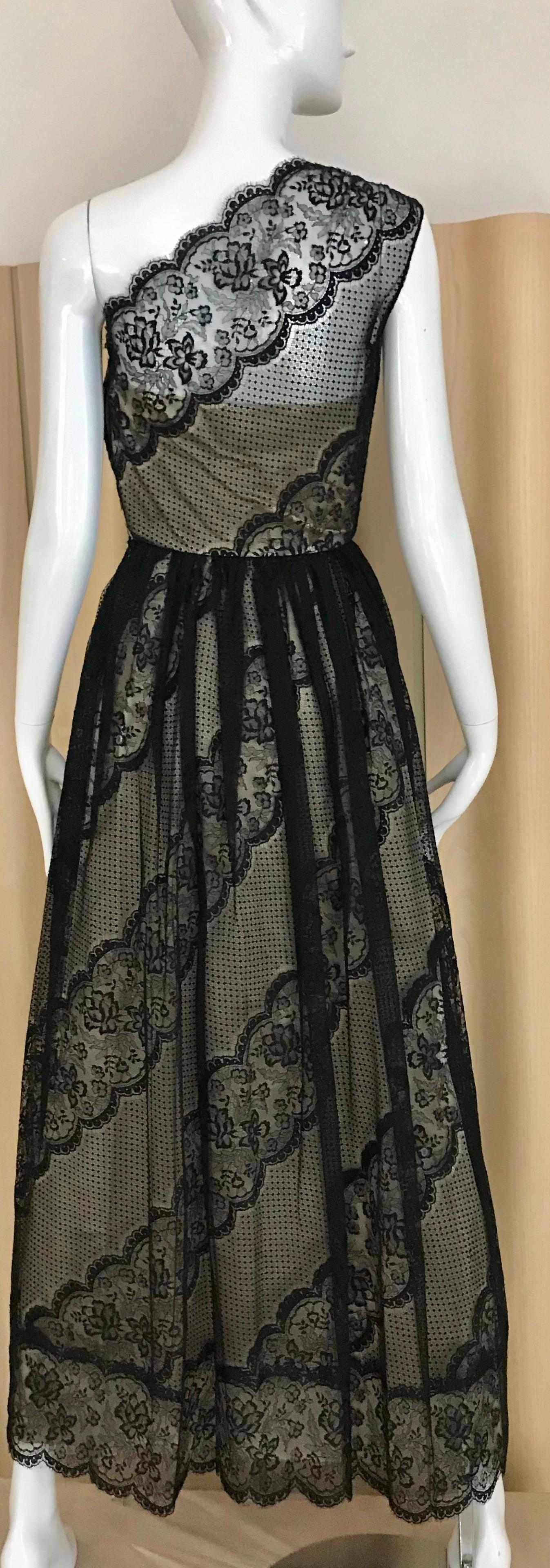 1970s Black Lace One Shoulder Gown In Excellent Condition In Beverly Hills, CA