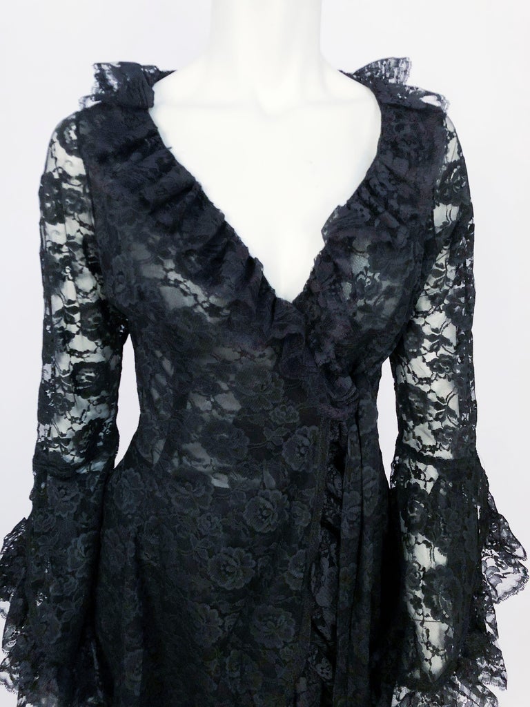 1970s Black Lace Two-Piece Set With Ruffle Accents at 1stDibs