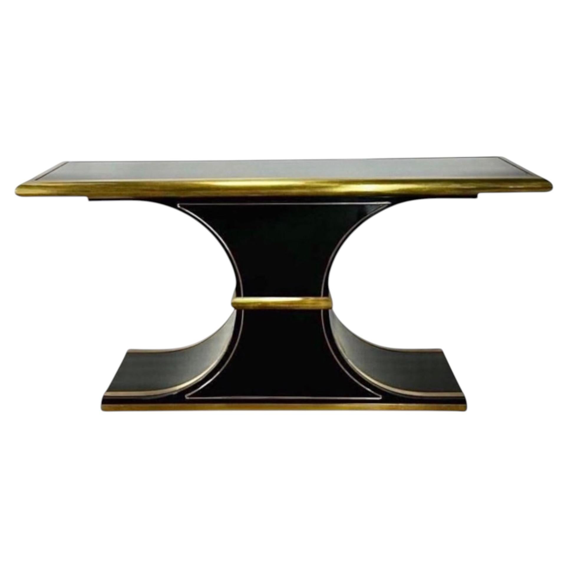 1970s Black Lacquered Console with Brass Trim by William Doezema for Mastercraft For Sale