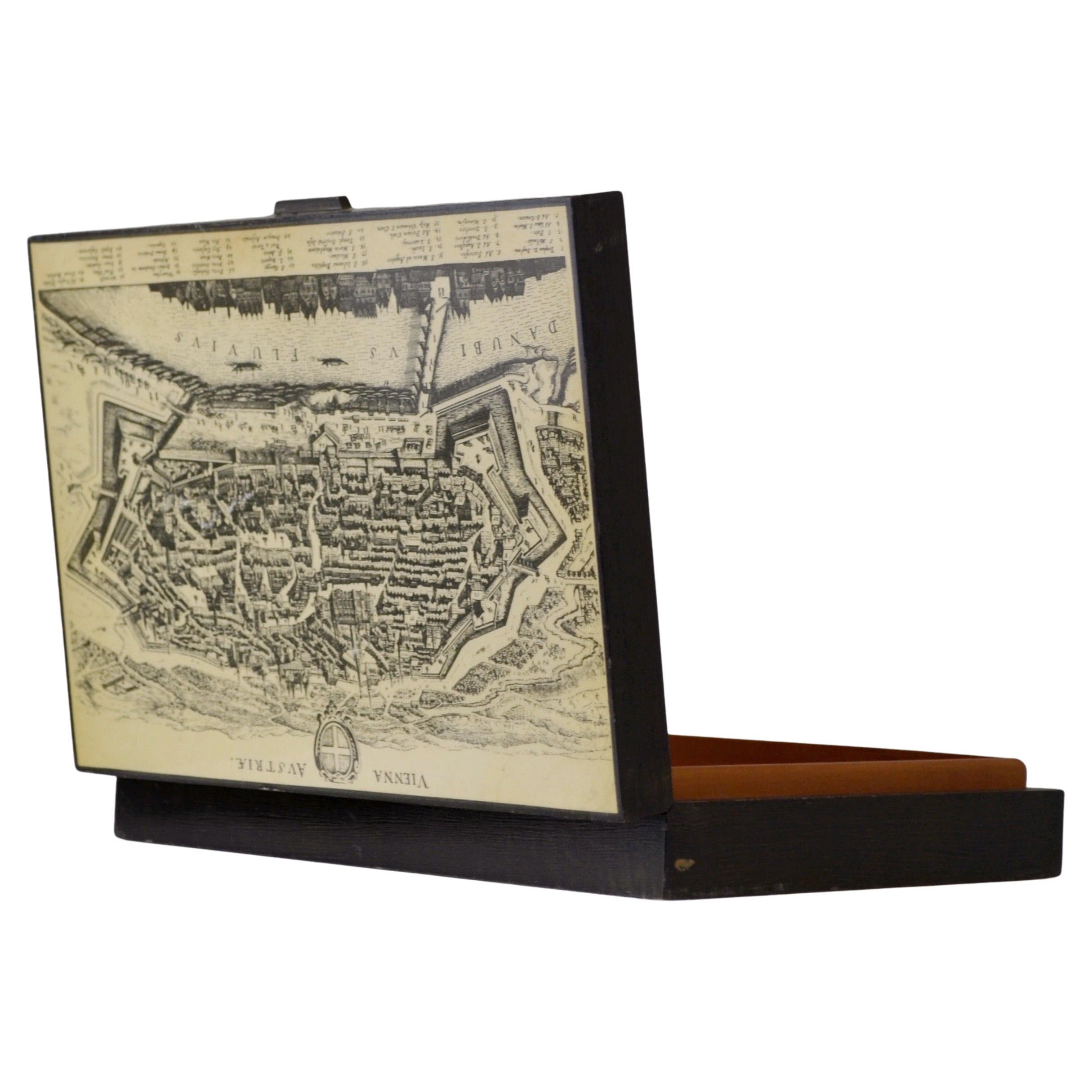 1970s Black Lacquered Decorative Box with Antique Map of Vienna For Sale