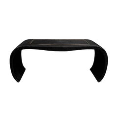 1970s Black Lacquered Grasscloth Curved Console with Brass Inlay