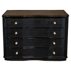 1970's Black Lacquered Rattan Chest of Drawers, Brass Details