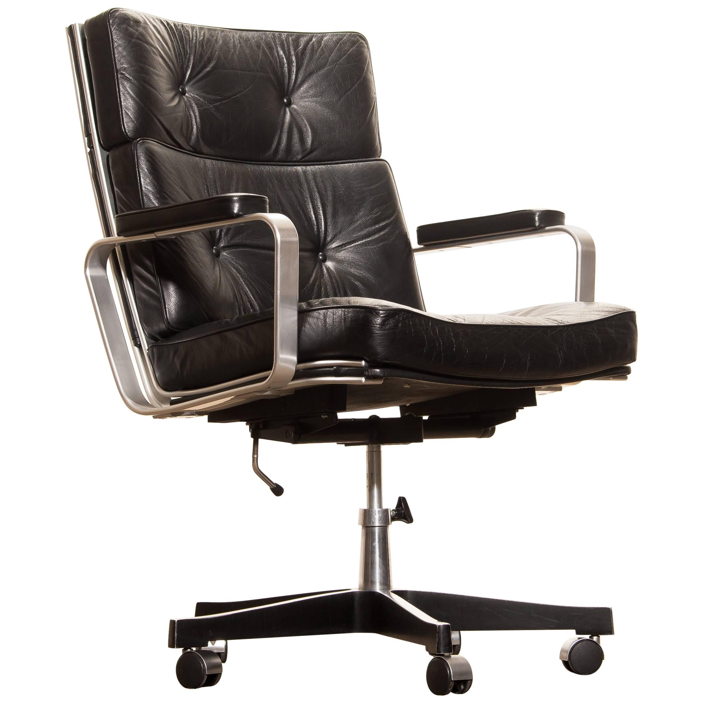 Swedish 1970s, Black Leather and Aluminium Desk Chair by Karl Erik Ekselius for Joc