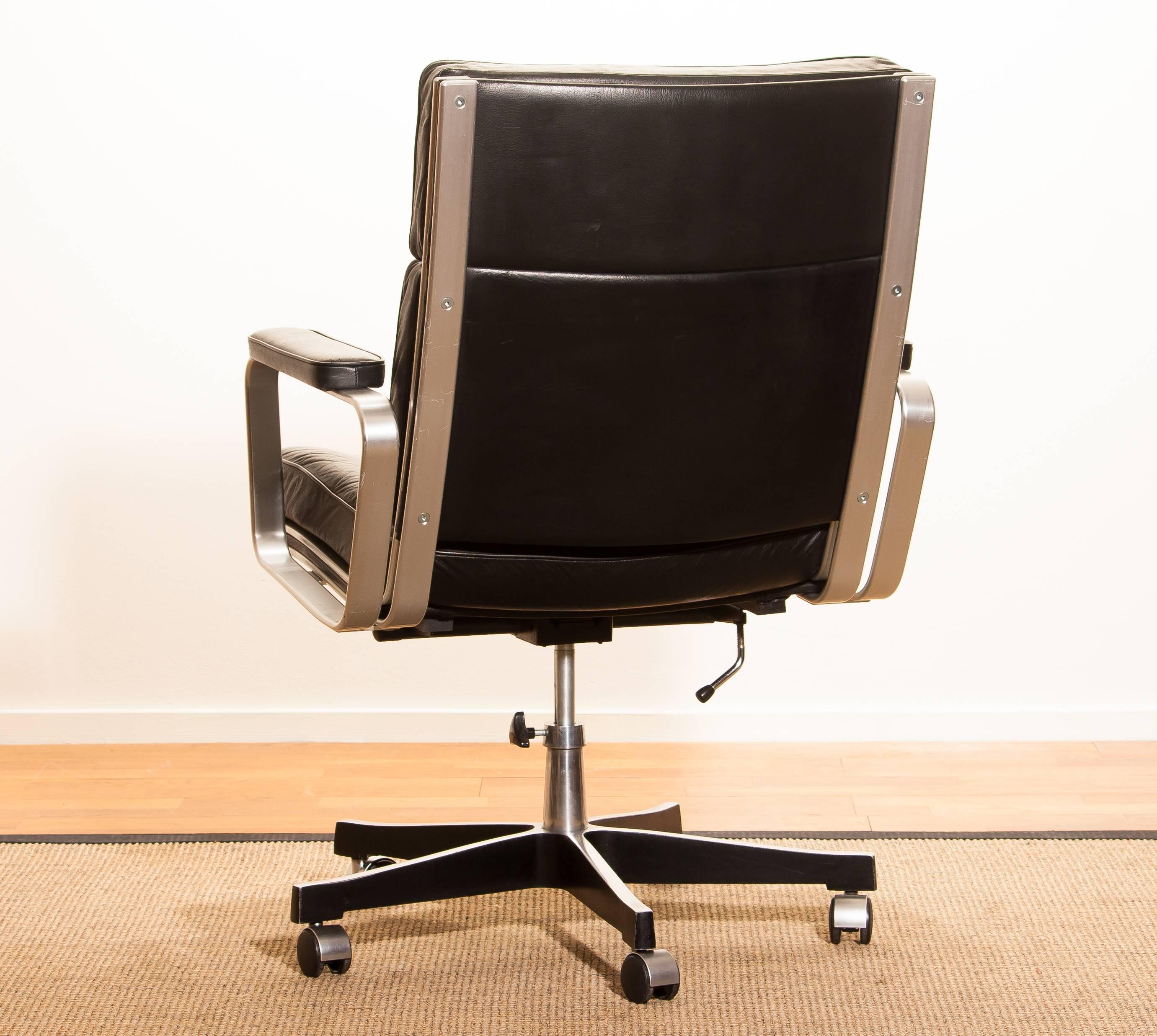 Late 20th Century 1970s, Black Leather and Aluminum Desk Chair by Karl Erik Ekselius for Joc