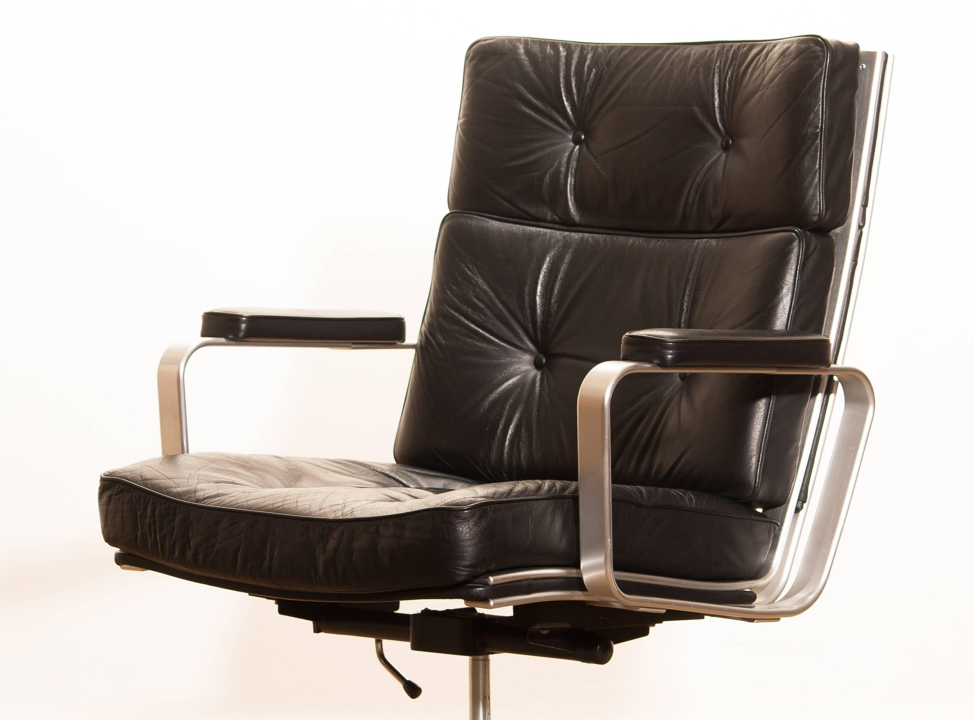 1970s, Black Leather and Aluminium Desk Chair by Karl Erik Ekselius for JOC 3