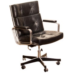 1970s, Black Leather and Aluminium Desk Chair by Karl Erik Ekselius for Joc