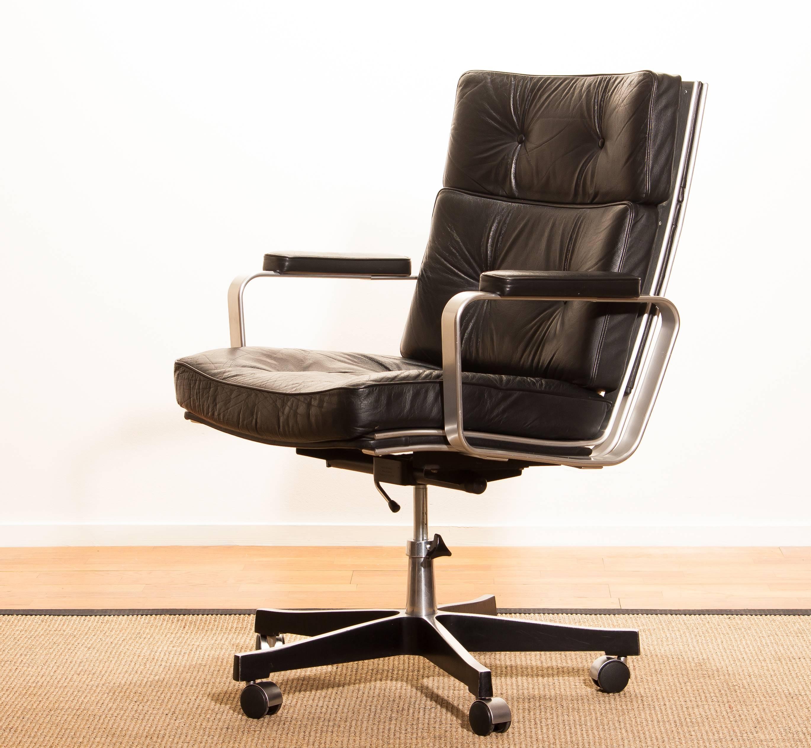 Swedish 1970s, Black Leather and Aluminum Desk Chair by Karl Erik Ekselius for Joc