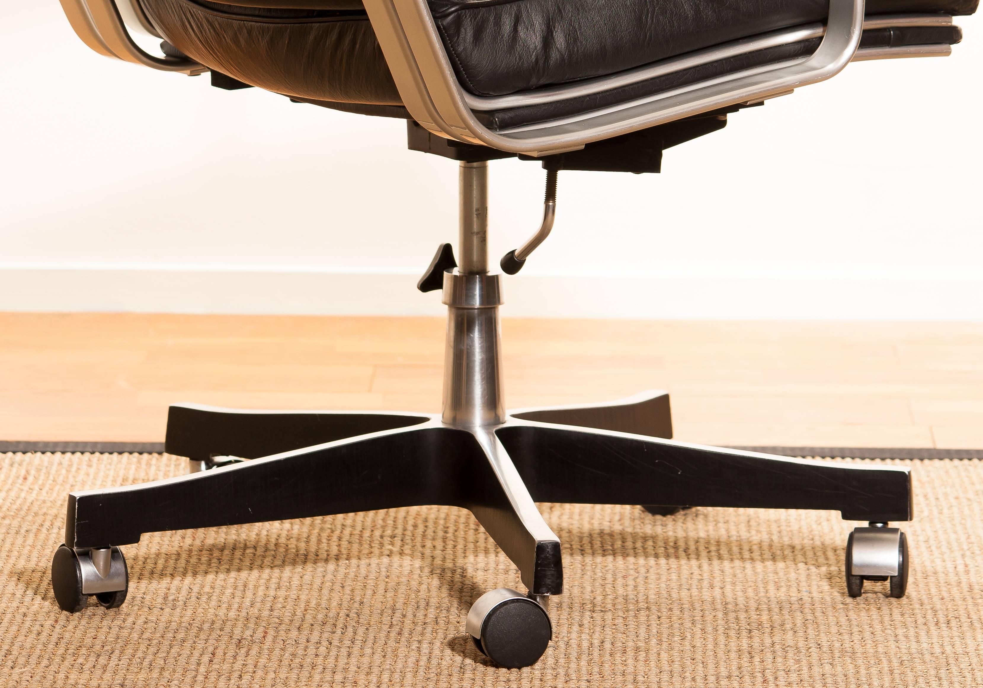 1970s, Black Leather and Aluminum Office Chair by Karl Erik Ekselius for JOC 5