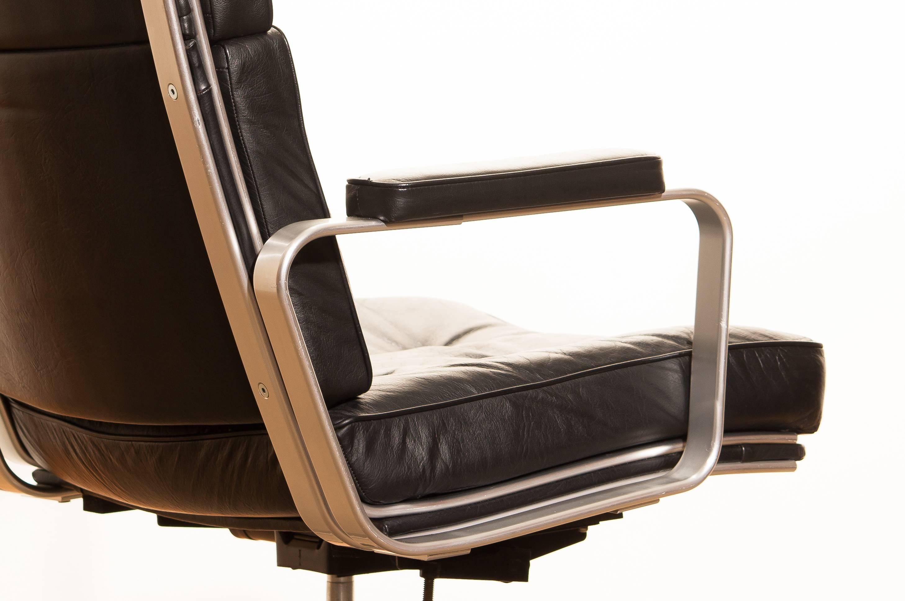 1970s, Black Leather and Aluminum Office Chair by Karl Erik Ekselius for JOC 1