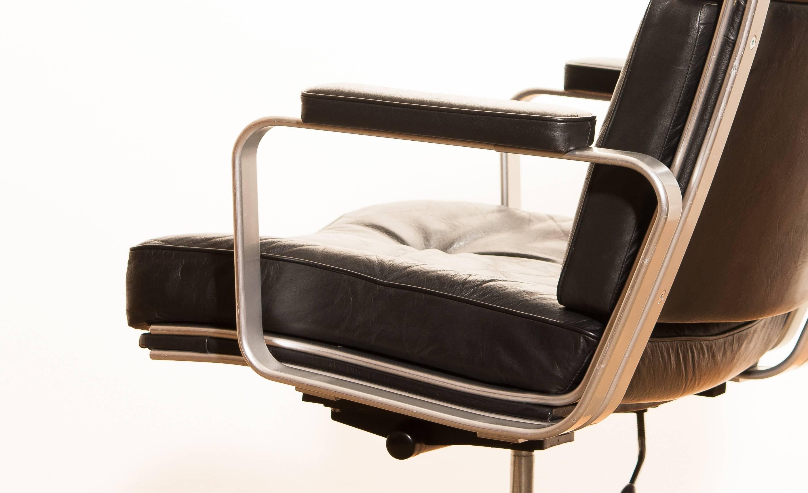1970s, Black Leather and Aluminum Office Chair by Karl Erik Ekselius for JOC 2