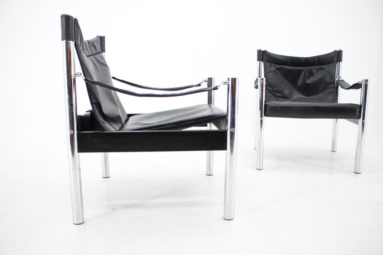 1970s Black Leather and Chrome Safari Chair by Johanson Design