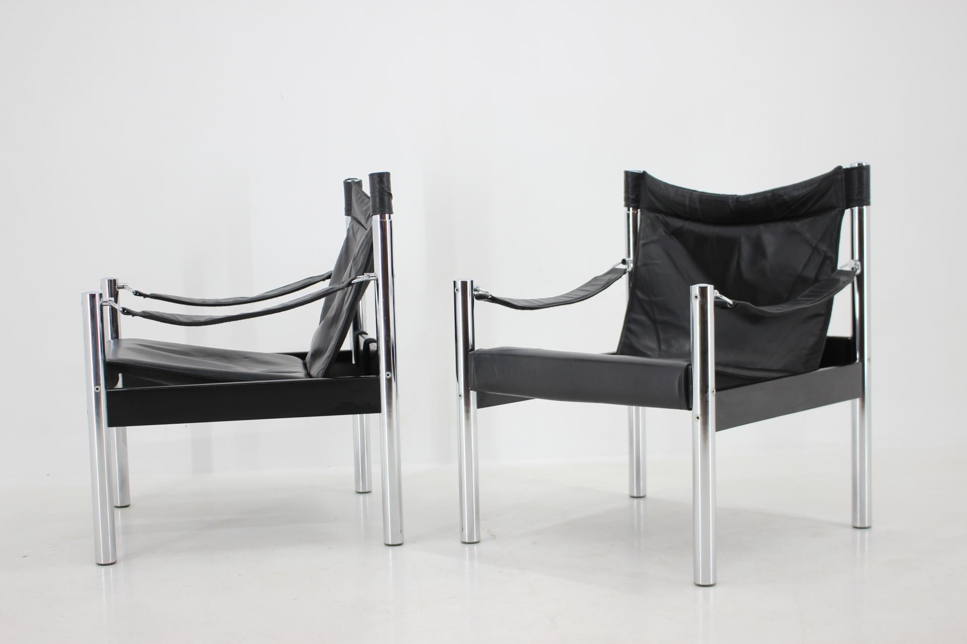 Mid-Century Modern 1970s Black Leather and Chrome Safari Chair by Johanson Design, Markaryd For Sale