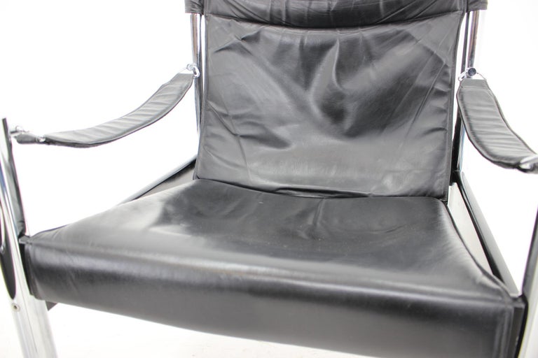 1970s Black Leather and Chrome Safari Chair by Johanson Design