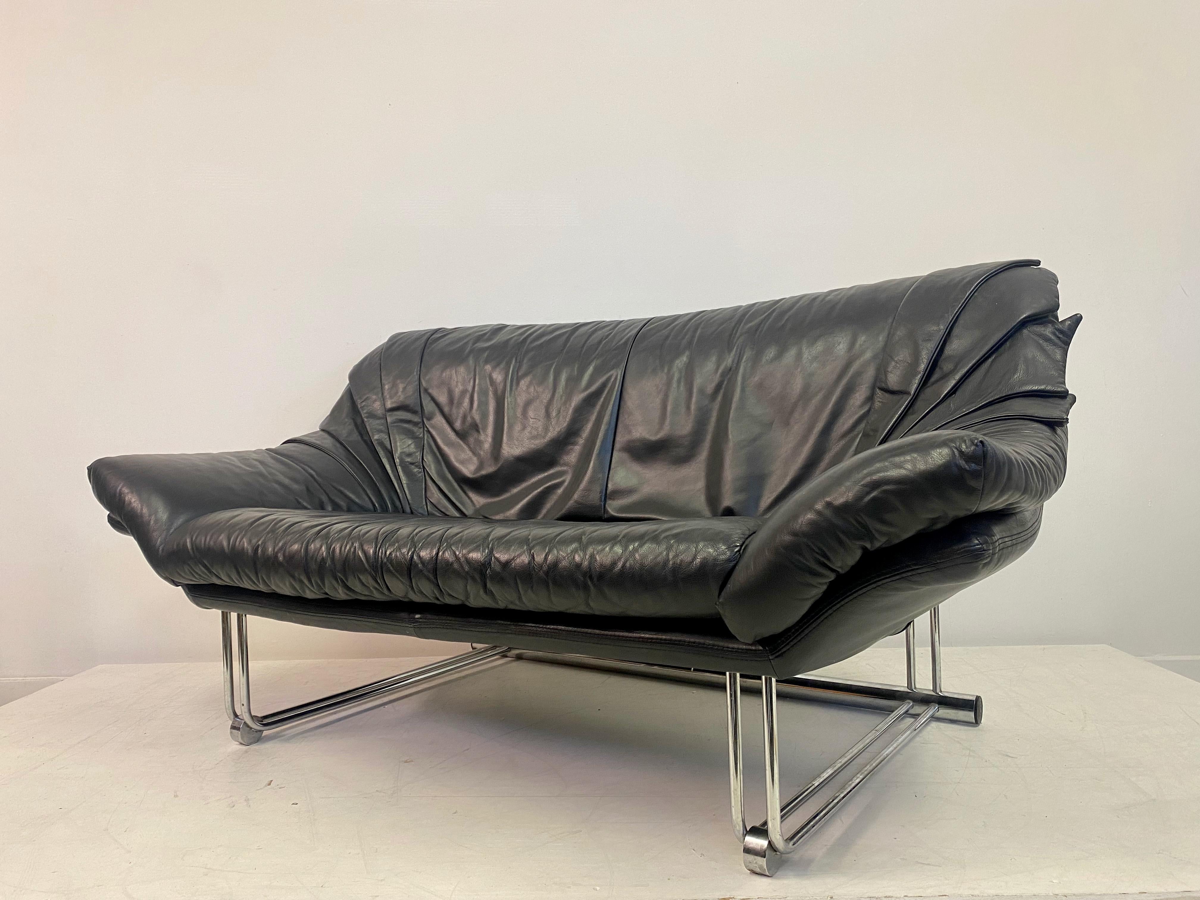 1970s Black Leather And Chrome Two Seater Sofa Two Available 3