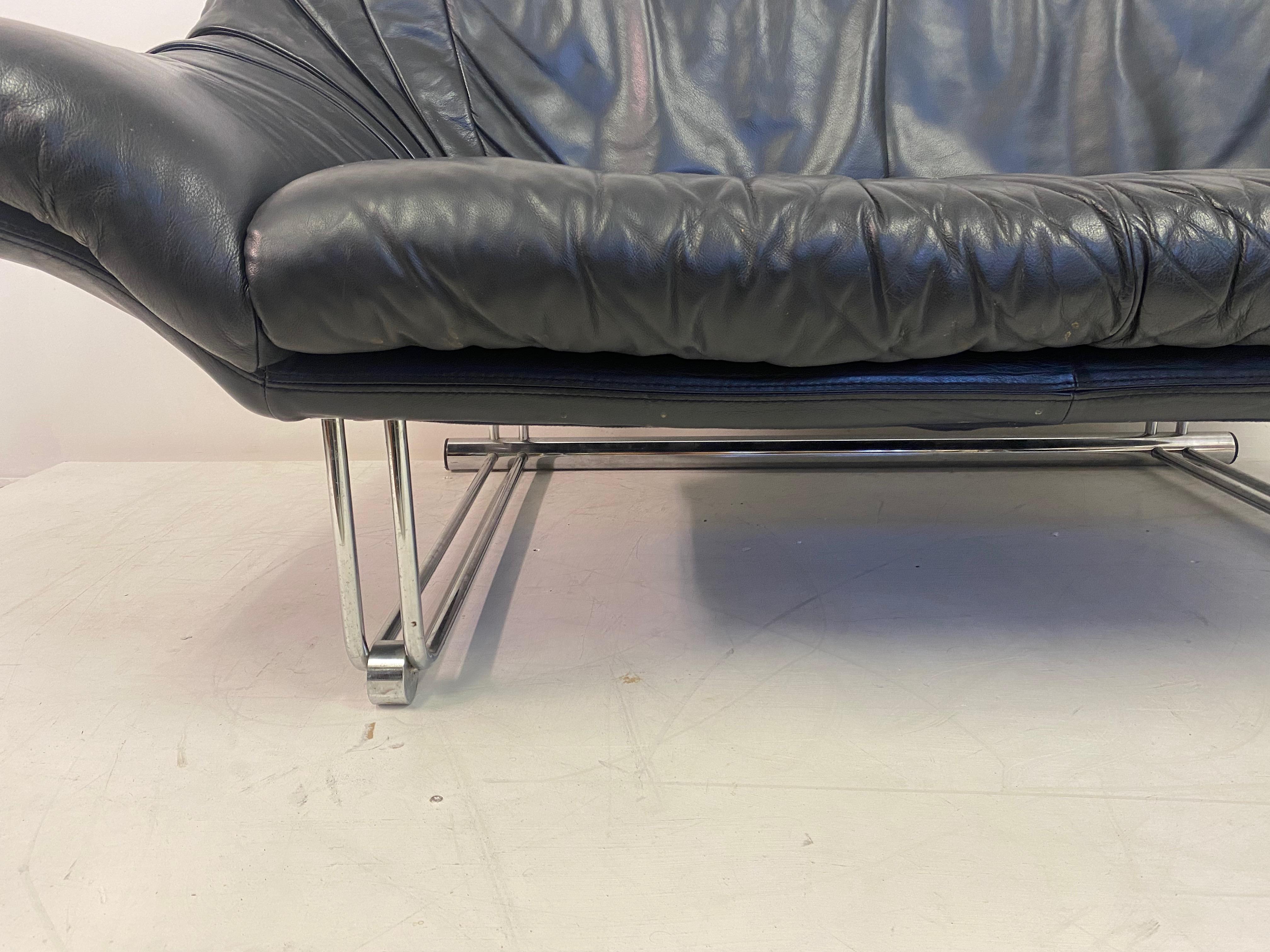Mid-Century Modern 1970s Black Leather And Chrome Two Seater Sofa Two Available