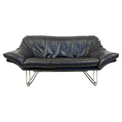 1970s Black Leather And Chrome Two Seater Sofa Two Available