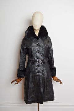 1970’s Black Leather & Fur Belted Trench Coat with Fluffy Collar and Cuffs
