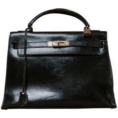 Vintage 1970s Black Leather Hermes Kelly Bag