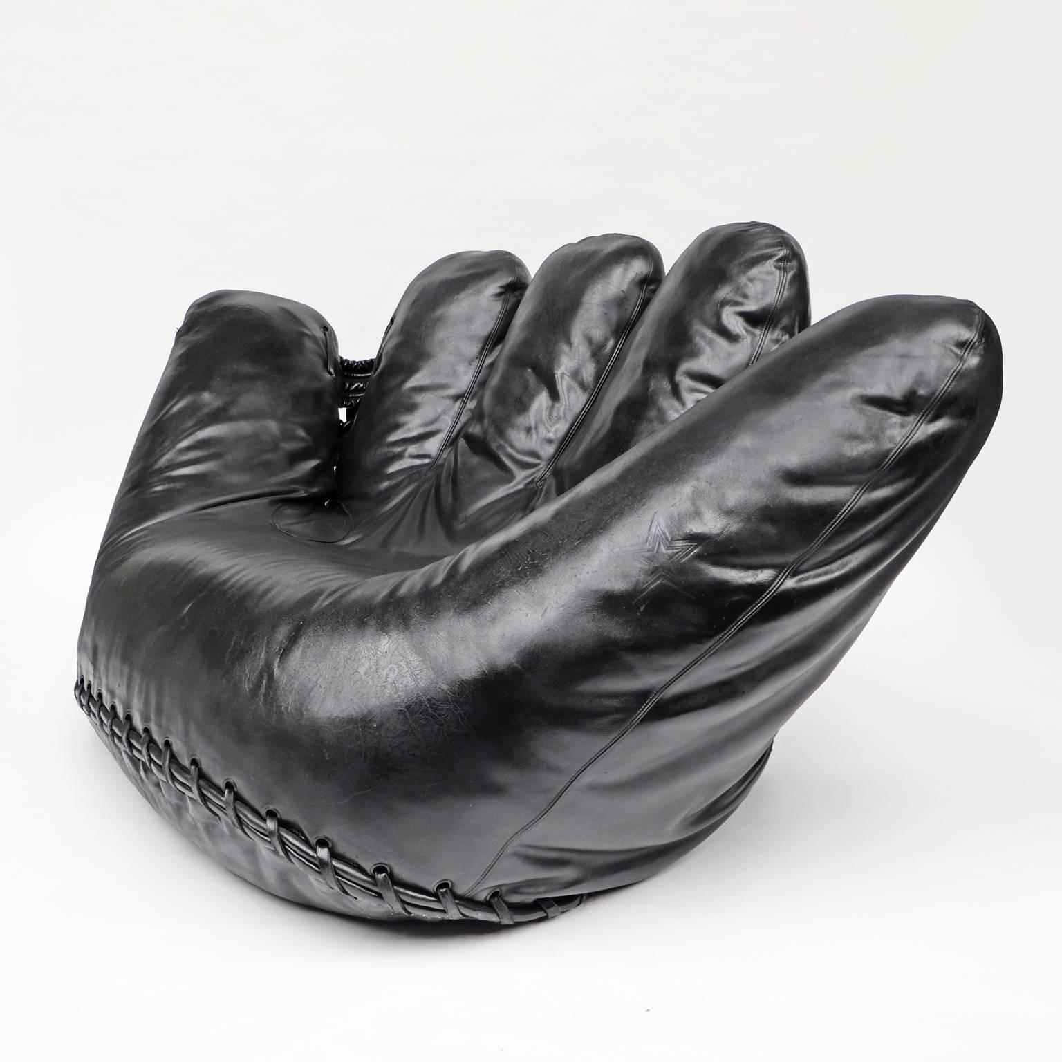 Modern 1970s Black Leather Poltronova Joe Baseball Glove Chair Pop Art For Sale