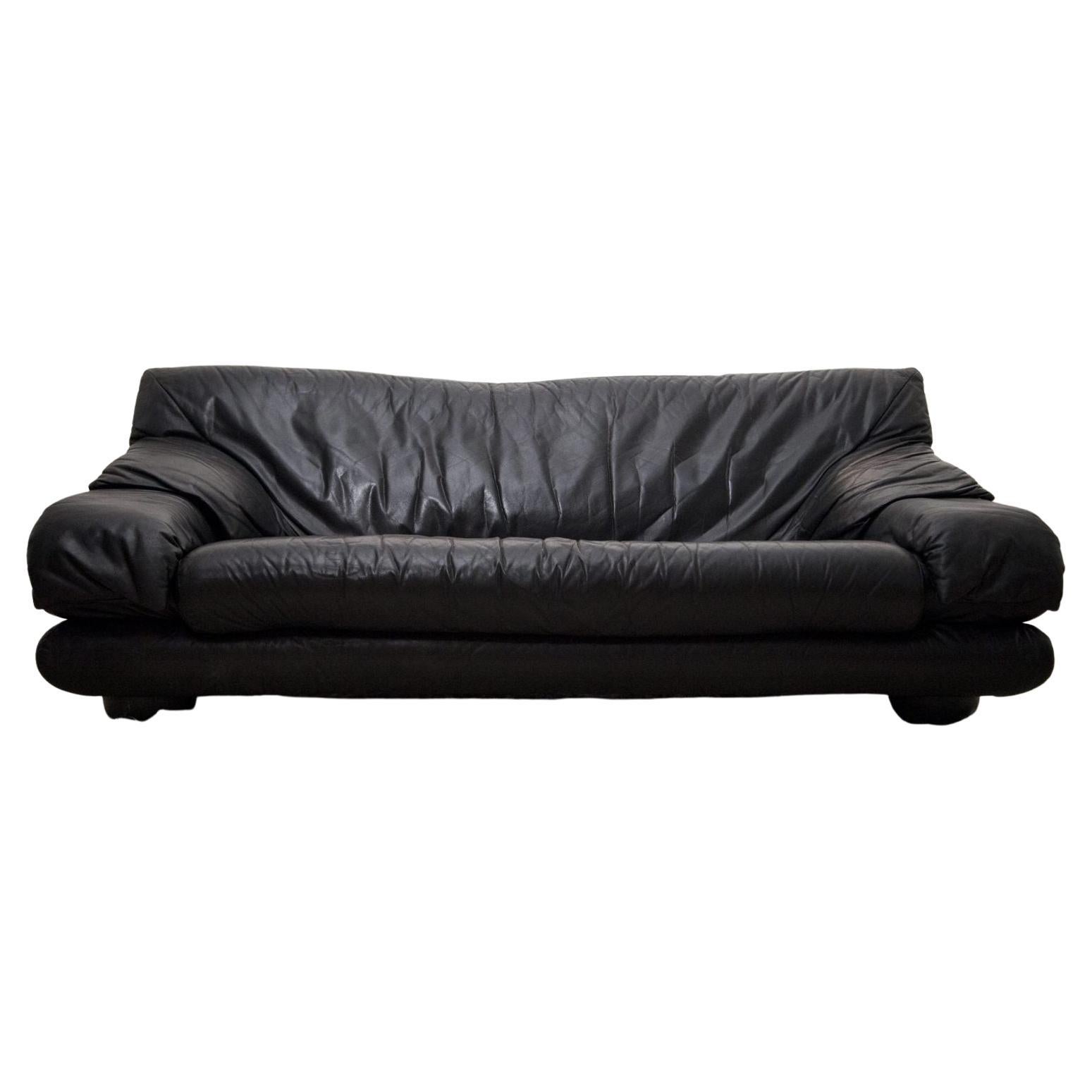 1970s Black Leather Sofa by Manufacturer Wiener Werkstätte