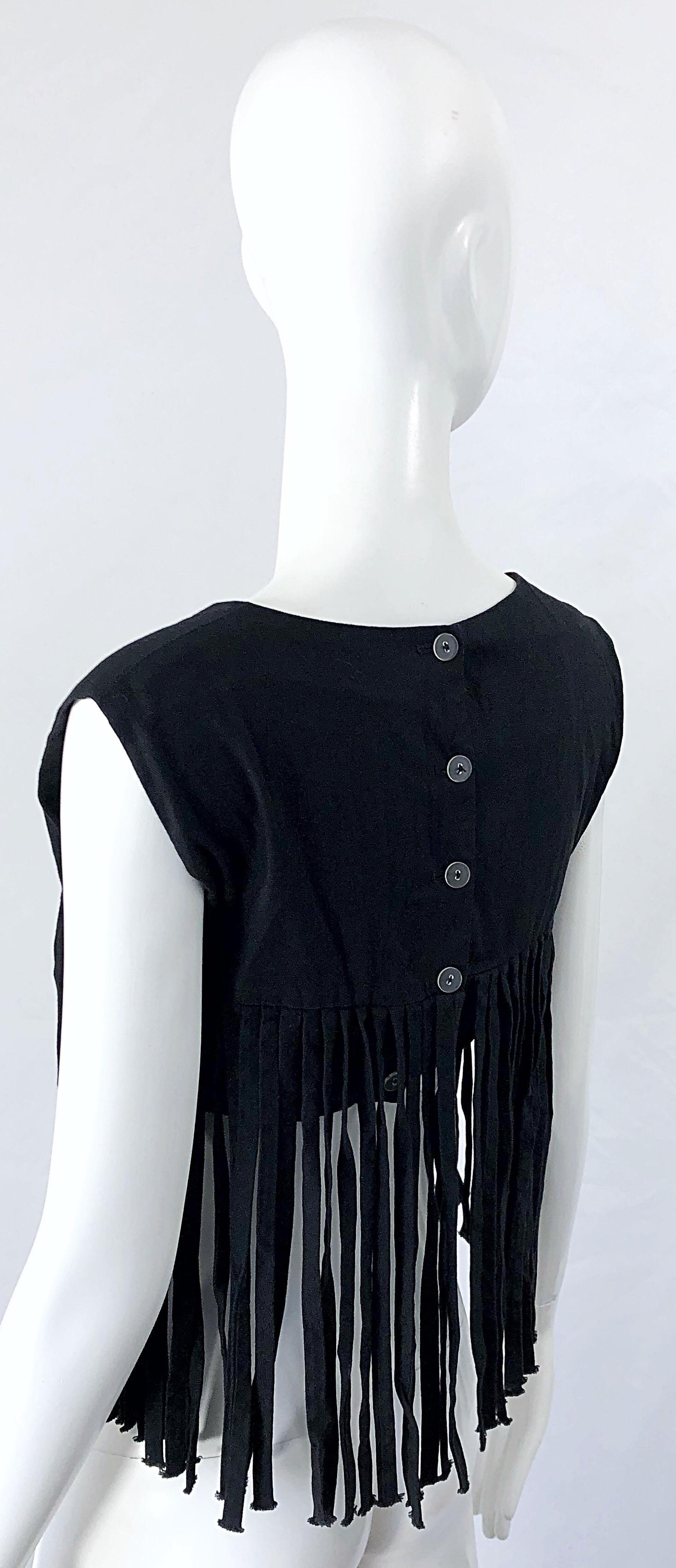 1970s Black Linen Fringe Vintage Boho Chic Festival 70s Crop Top Shirt Blouse For Sale 3