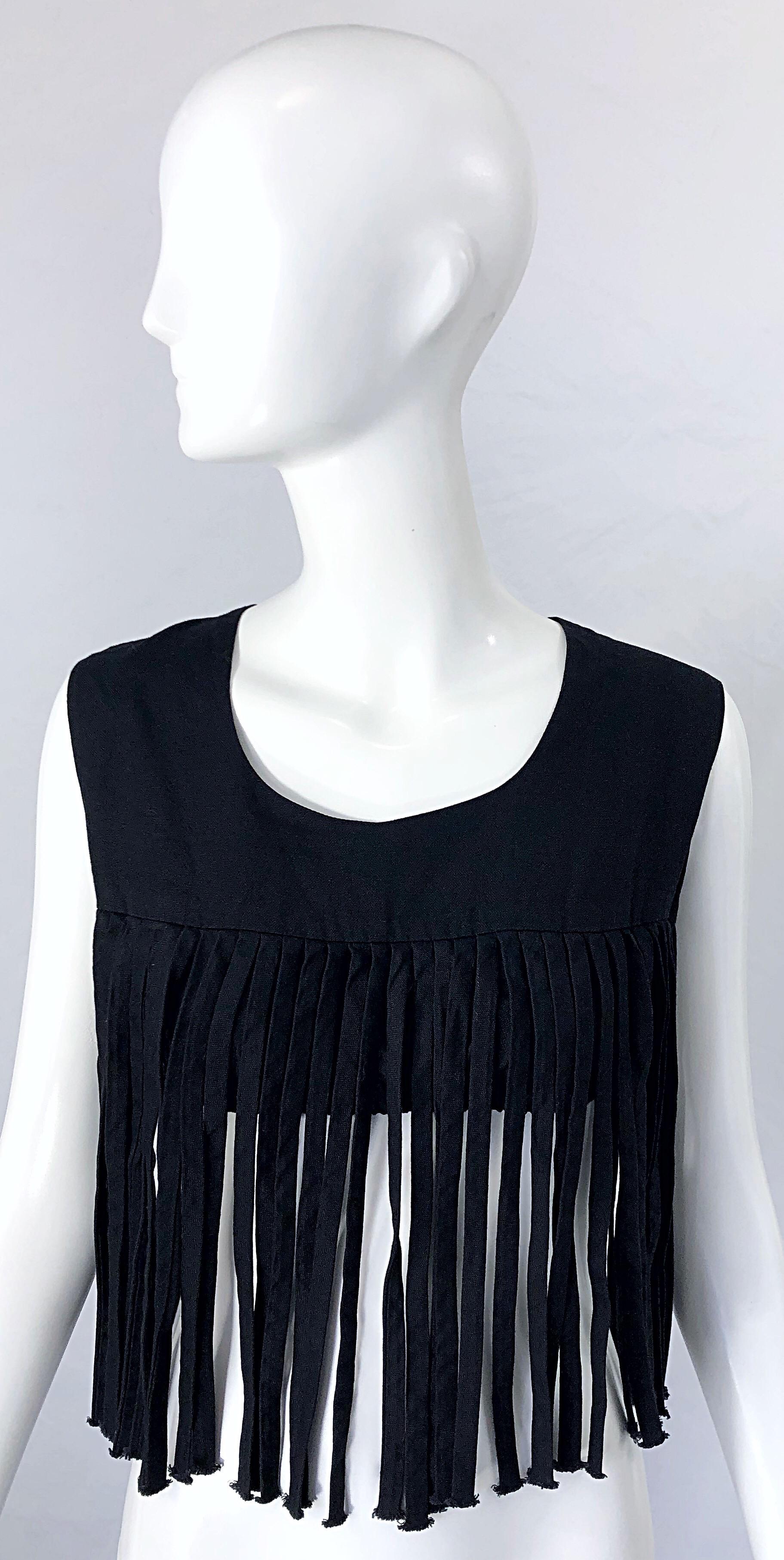 1970s Black Linen Fringe Vintage Boho Chic Festival 70s Crop Top Shirt Blouse For Sale 4