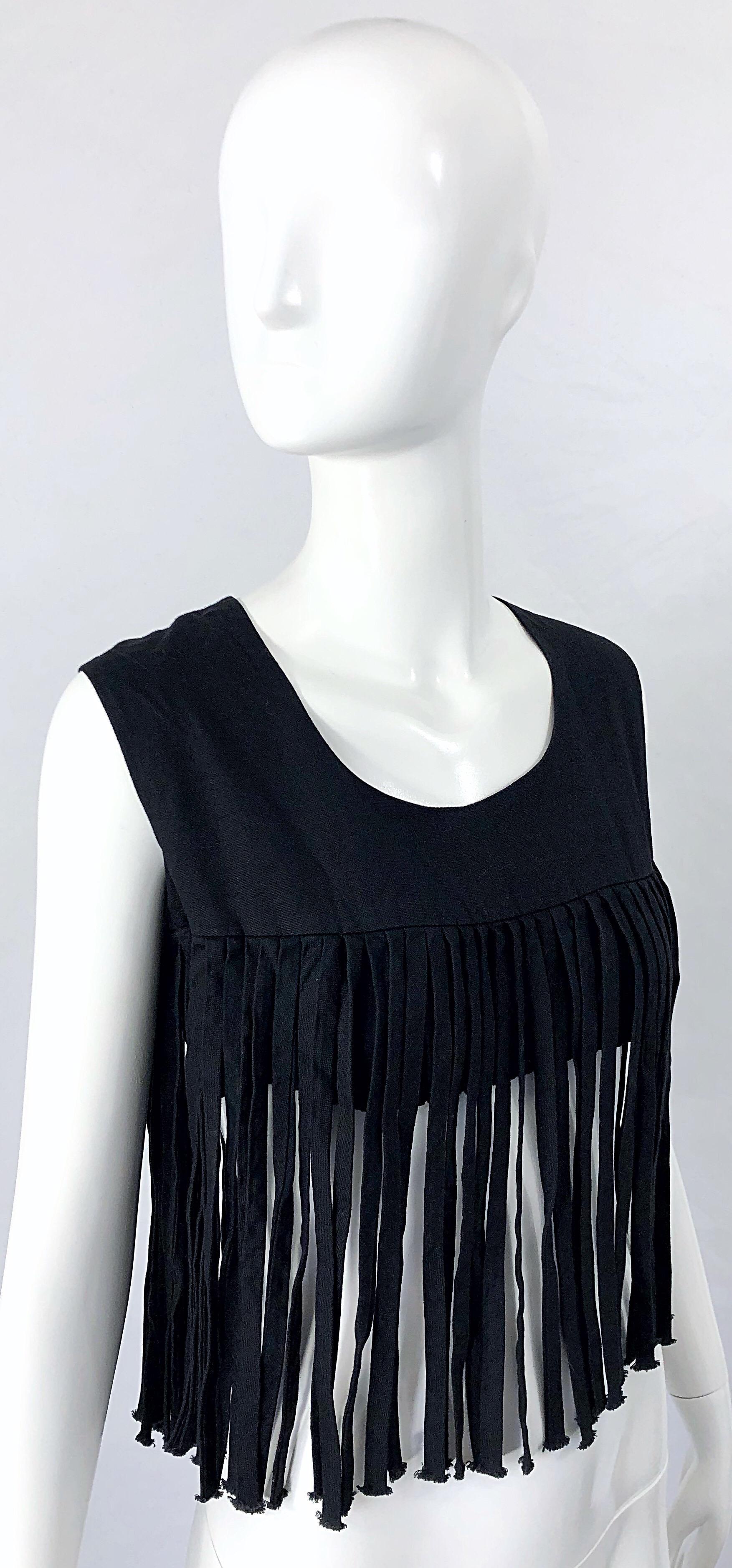 Women's 1970s Black Linen Fringe Vintage Boho Chic Festival 70s Crop Top Shirt Blouse For Sale
