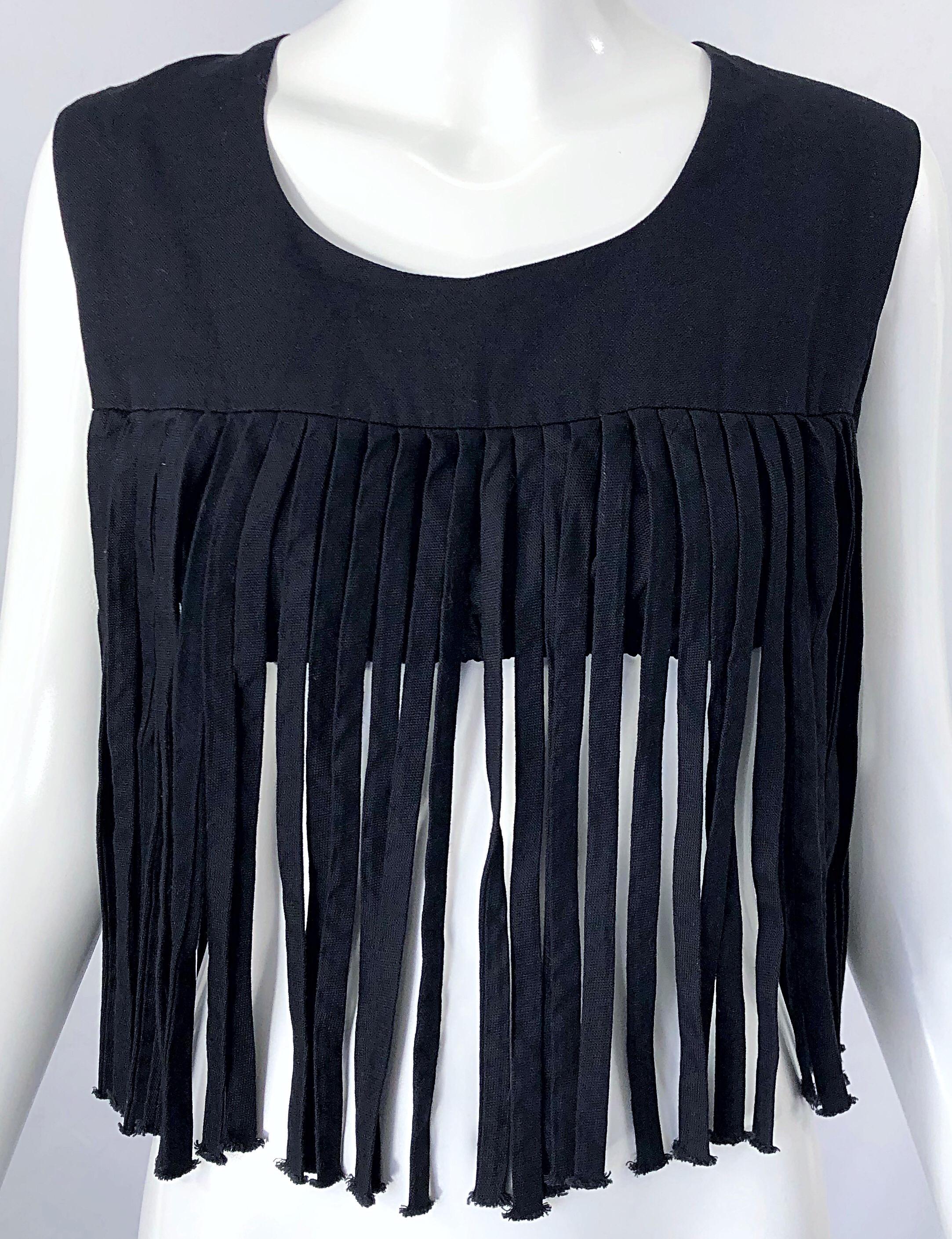1970s Black Linen Fringe Vintage Boho Chic Festival 70s Crop Top Shirt Blouse For Sale 1