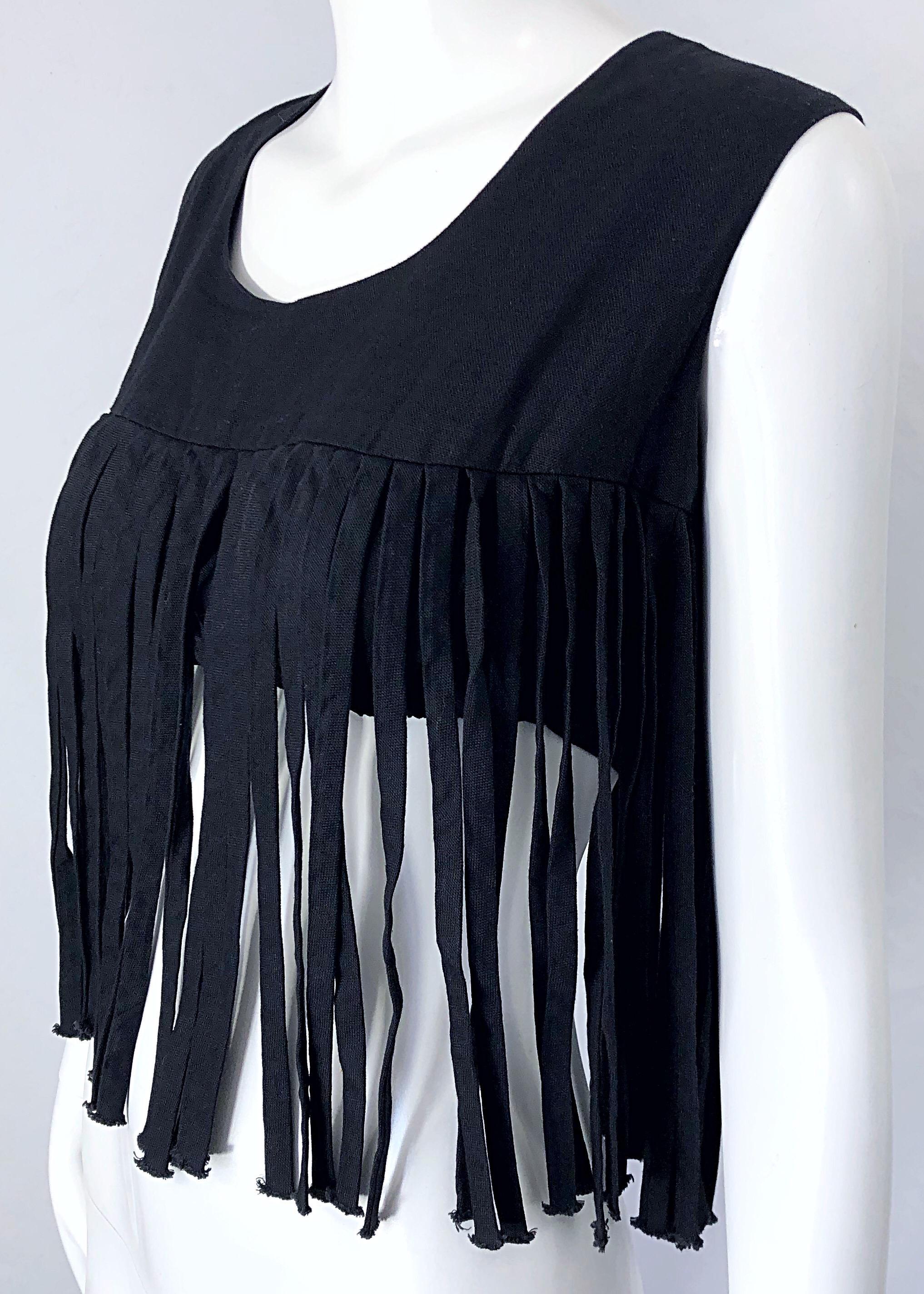 1970s Black Linen Fringe Vintage Boho Chic Festival 70s Crop Top Shirt Blouse For Sale 2