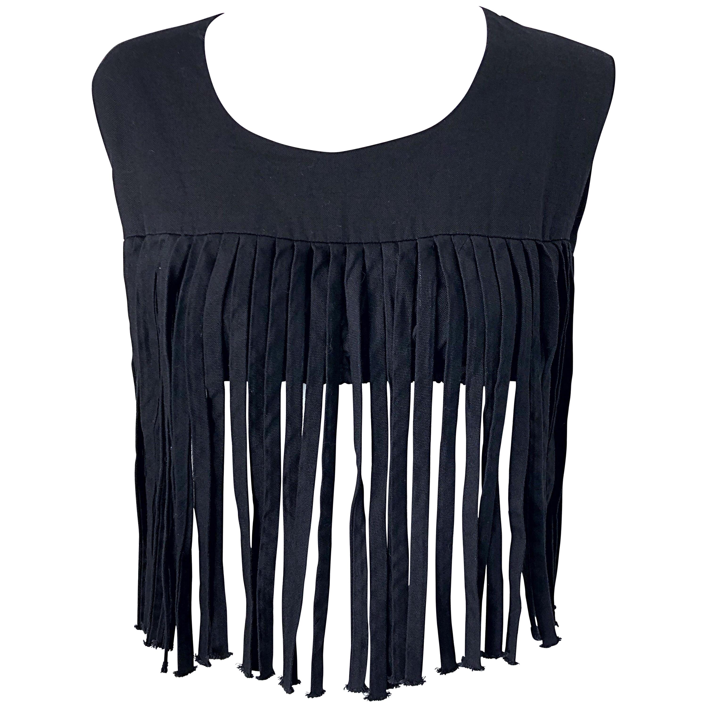 1970s Black Linen Fringe Vintage Boho Chic Festival 70s Crop Top Shirt 