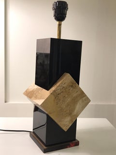 Lampe en lucite noire et marbre travertin des années 1970