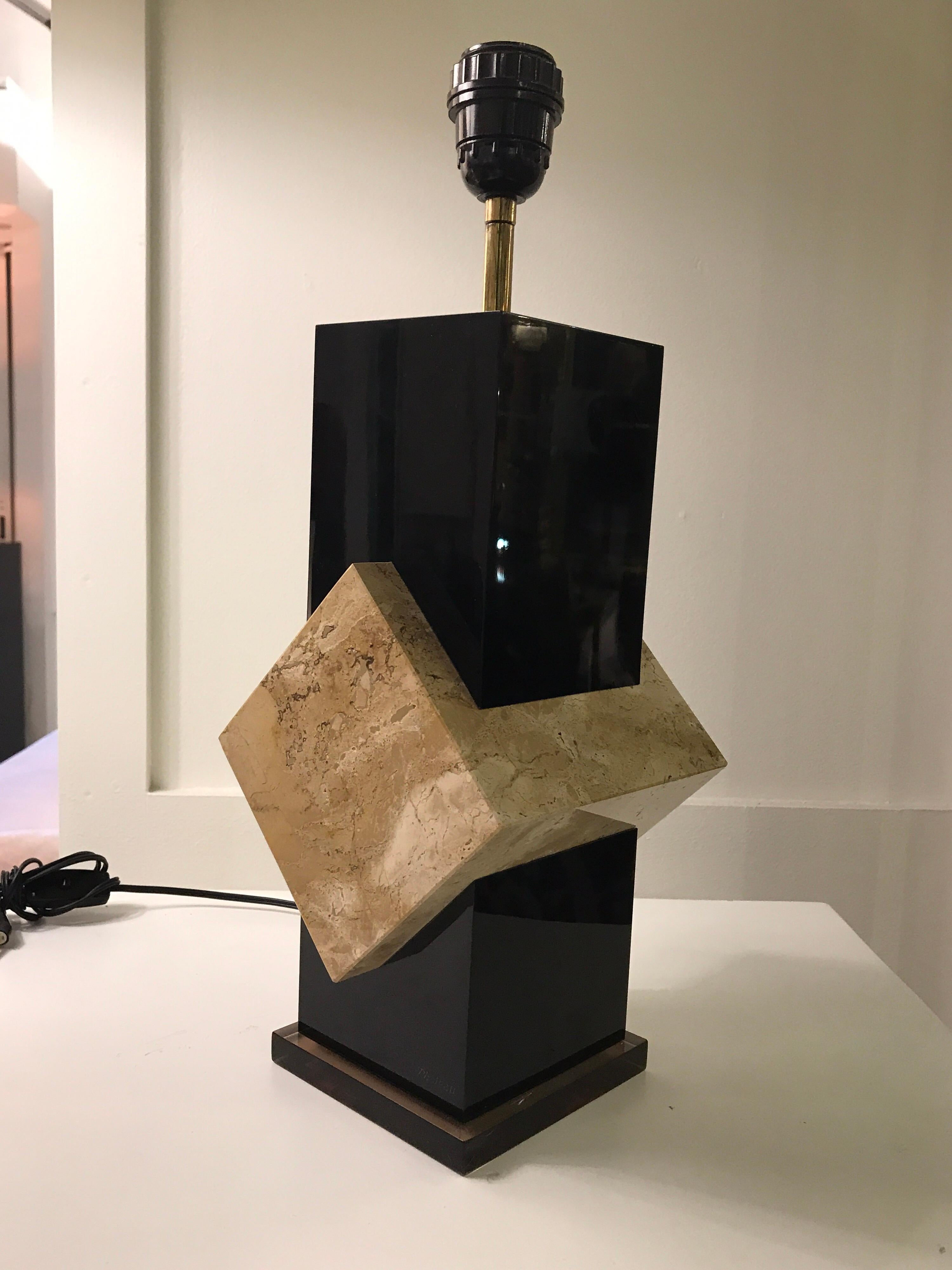 French 1970s Black Lucite and Travertin Marble Lamp