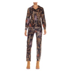 Vintage 1970S Black & Metallic Polyester Lamé Floral Disco Top Pant Ensemble