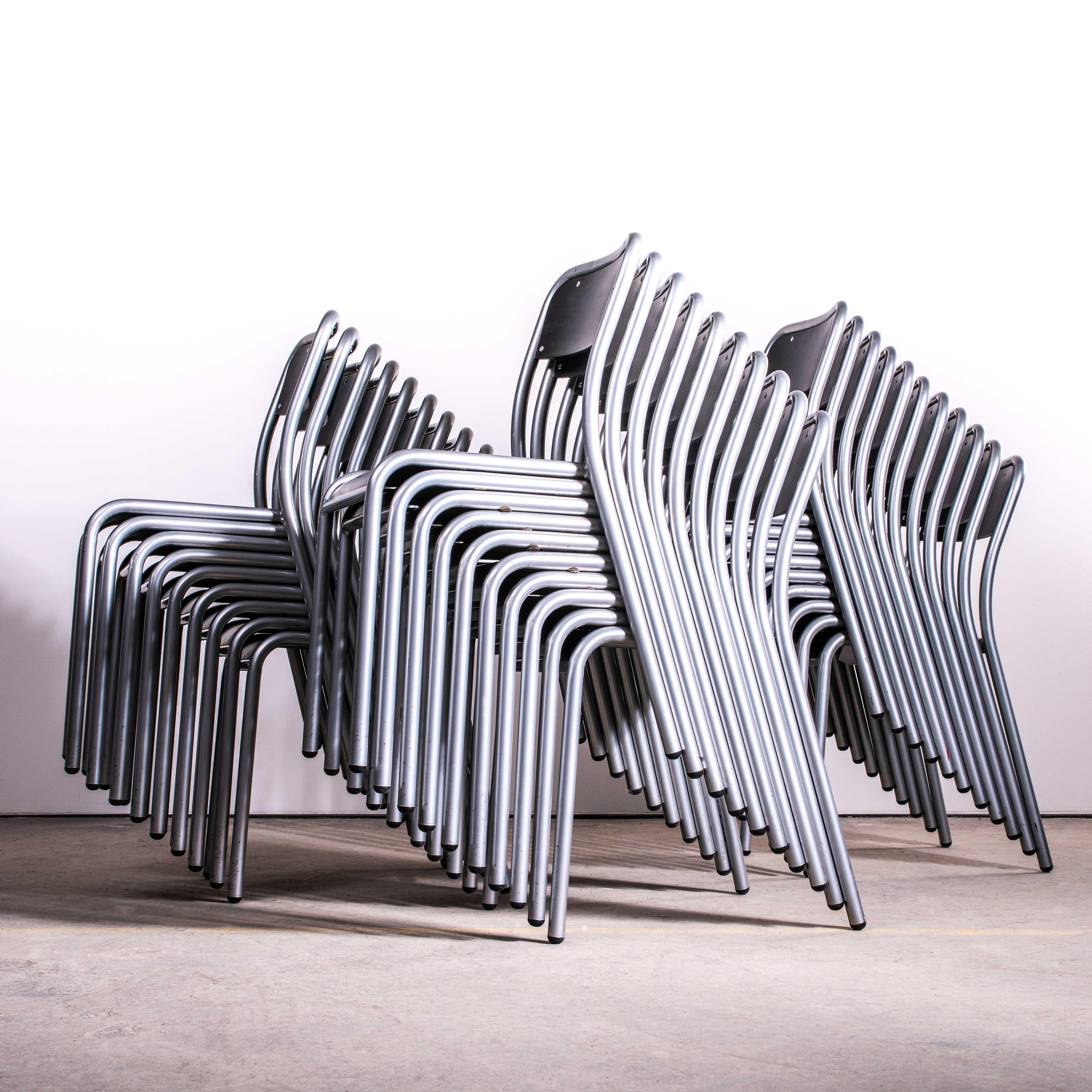 1970’s Black Mullca Stacking Dining Chairs – Large Quantity Available. 

One of our most favourite chairs, in 1947 Robert Muller and Gaston Cavaillon created the company that went on to develop arguably the most famous French school chair. Sadly the