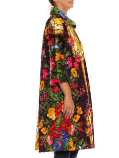 1970S Black Multicolored Acetate Vivid Floral Print & Quilted Coat