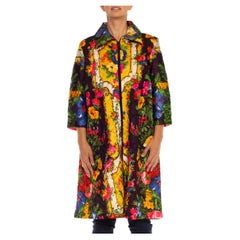 1970S Black Multicolored Acetate Vivid Floral Print & Quilted Coat