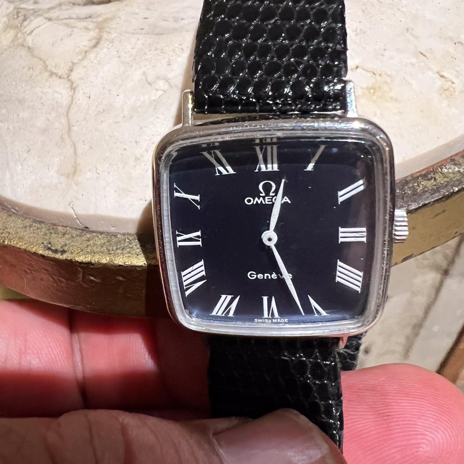 Mid-Century Modern 1970s Black Omega Genève Vintage Watch Swiss Made For Sale