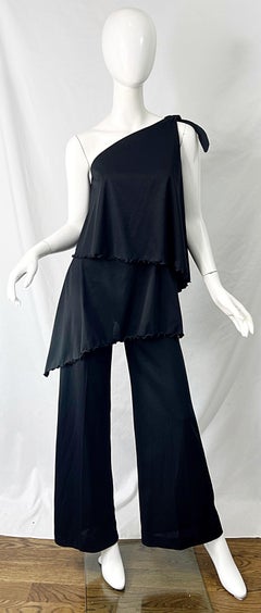 1970s Black One Shoulder Studio 54 Vintage Jersey 70s Disco Toga Jumpsuit